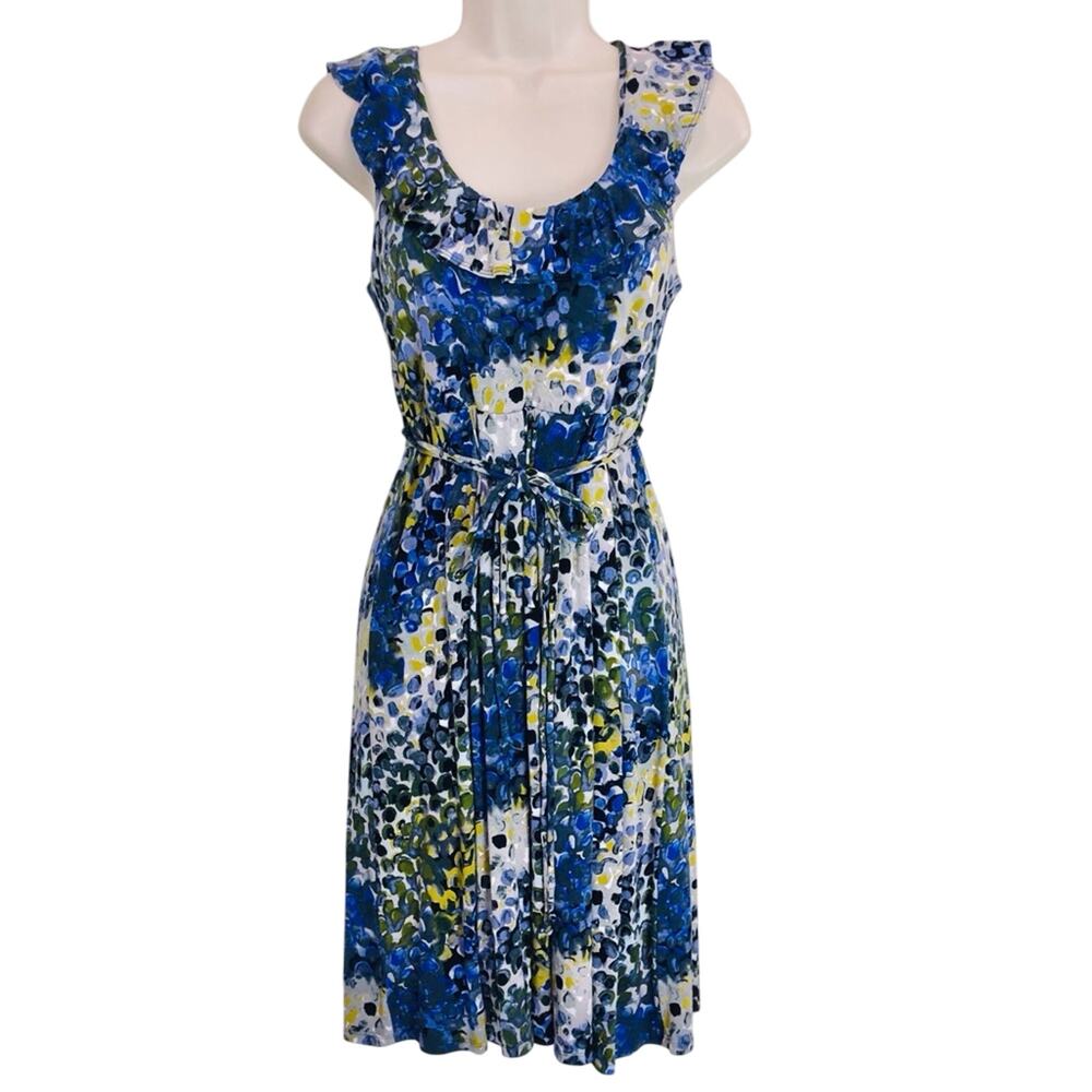 New York & Company Blue Green Fit & Flare Dress Figure Flattering Stretch Knit - Picture 16 of 16